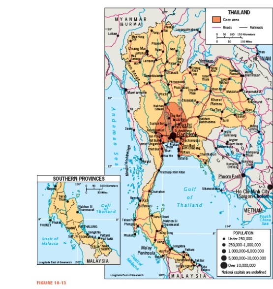 According to Figure 10-13,Thailand's core area is _____________.   A)  near the border with Laos B)  centered on the capital of Bangkok C)  in the southern protrusion near the Malaysian border D)  in the Mekong River Delta E)  located where the borders of Thailand, Cambodia, and Laos converge
