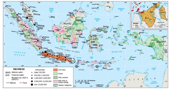 Figure 10-17 shows that the island of Borneo consists of territory controlled by the countries of Malaysia,Brunei,and Singapore.   