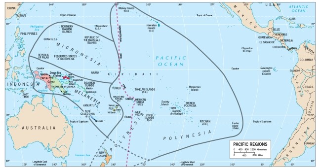 Based on Figure 12-3,which of the following is NOT considered part of Polynesia?   A)  Hawai'i B)  Midway Islands C)  Easter Island D)  Tonga E)  Fiji