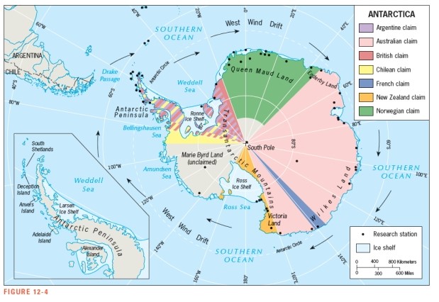 According to Figure 12-4,the body of water that separates Argentina from the Antarctic Peninsula is________________.   A)  Drake Passage B)  Weddell Sea C)  Bellingshausen Sea D)  Amundsen Sea E)  Antarctic Sea