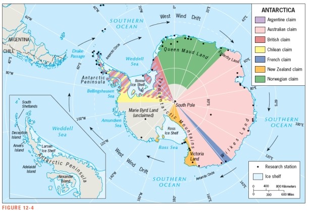 According to Figure 12-4,all of Antarctica lies south of _________________.   A)  the Antarctic Circle B)  60° South latitude C)  60° West longitude D)  the South Pole E)  0° longitude