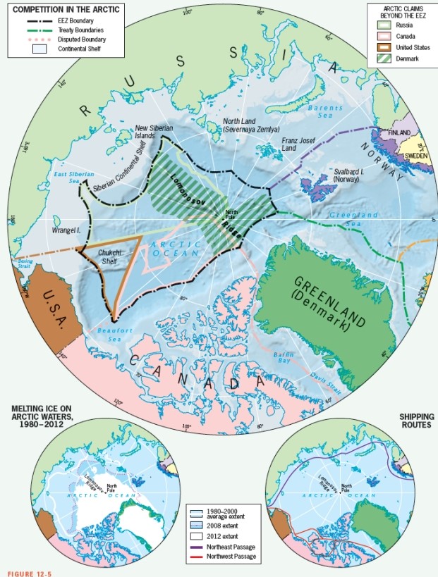 Figure 12-5 shows that this country does not have territory bordering the Arctic Ocean.   A)  Russia B)  Norway C)  Sweden D)  Denmark E)  the United States