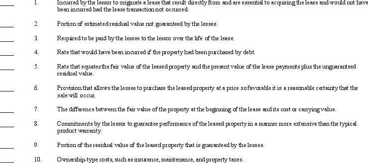 Shown below is a list of key terms (a-j)related to leasing, followed by a series of definitions (1-10):      Required: Match each term to its definition by placing the appropriate letter in the space provided.