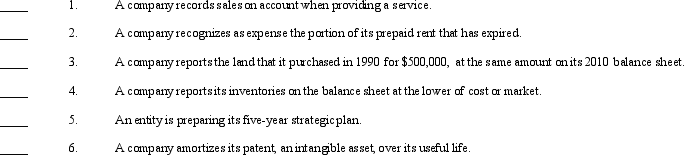Below is a list of accounting assumptions, conventions, and principles.Following the list is a series of descriptive statements.      Required: Match each item in the list with its descriptive statement by placing the appropriate letter in the space provided.