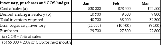 Charter Company is preparing their budget for the first quarter of 2017.The following data is provided:   For the budgeted balance sheet at 31 March,what amount should be shown for Inventory? A)  $10 700 B)  $8 750 C)  $9 500 D)  $9 800