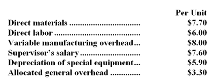 Part J88 is used in one of Quinney Corporation's products.The company makes 3,000 units of this part each year.The company's Accounting Department reports the following costs of producing the part at this level of activity:   An outside supplier has offered to produce this part and sell it to the company for $32.10 each.If this offer is accepted,the supervisor's salary and all of the variable costs,including direct labor,can be avoided.The special equipment used to make the part was purchased many years ago and has no salvage value or other use.The allocated general overhead represents fixed costs of the entire company.If the outside supplier's offer were accepted,only $3,000 of these allocated general overhead costs would be avoided. If management decides to buy part J88 from the outside supplier rather than to continue making the part,what would be the annual impact on the company's overall net operating income? A) Net operating income would decline by $22,200 per year. B) Net operating income would decline by $16,200 per year. C) Net operating income would decline by $5,400 per year. D) Net operating income would decline by $19,200 per year.