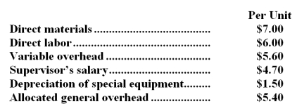Part F77 is used in one of Wilcutt Corporation's products.The company's Accounting Department reports the following costs of producing the 7,000 units of the part that are needed every year.   An outside supplier has offered to make the part and sell it to the company for $28.30 each.If this offer is accepted,the supervisor's salary and all of the variable costs,including direct labor,can be avoided.The special equipment used to make the part was purchased many years ago and has no salvage value or other use.The allocated general overhead represents fixed costs of the entire company.If the outside supplier's offer were accepted,only $9,000 of these allocated general overhead costs would be avoided. Required: a.Prepare a report that shows the effect on the company's total net operating income of buying part F77 from the supplier rather than continuing to make it inside the company. b.Which alternative should the company choose?