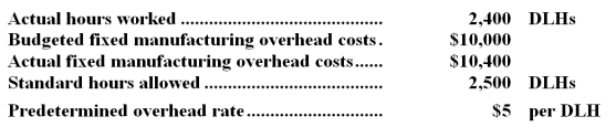Mauve Company uses a standard cost system in which it applies manufacturing overhead to units of product on the basis of standard direct labor-hours (DLHs) .The following data pertain to last month:   The fixed manufacturing overhead budget variance is: A) $400 U B) $500 F C) $300 F D) $300 U