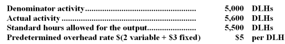 Harris Company uses a standard cost system in which it applies manufacturing overhead to units of product on the basis of standard direct labor-hours (DLHs) .The company has provided the following data:   The volume variance would be: A) $2,500 F B) $1,800 F C) $1,800 U D) $1,500 F