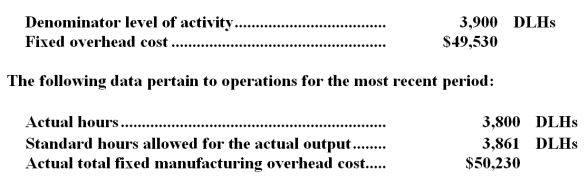 <strong>An outdoor barbecue grill manufacturer has a standard costing system based on standard direct labor-hours (DLHs) as the measure of activity.Data from the company's flexible budget for manufacturing overhead are given below: What was the fixed manufacturing overhead budget variance for the period to the nearest dollar?</strong> A)$806 U B)$700 U C)$1,970 F D)$1,195 F