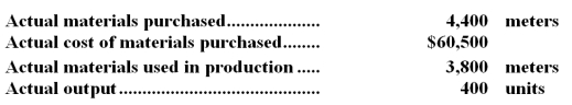 The following data pertain to operations concerning the product for the last month:   What is the materials price variance for the month? A.$14,850 U B.$8,250 U C.$8,640 U <underLine>D.</underLine> $2,860 F AP = $60,500 / 4,400 = $13.75 Materials price variance = AQ (AP - SP)  = 4,400 ($13.75 - $14.40)  = $2,860 F -In October,5,000 meters of raw material were purchased at an actual cost of $4.50 per meter.During October,4,850 meters of the raw material were used to produce 2,400 units of the completed product.Standards call for 2 meters of the raw material for each unit of the completed product.The standard price of the raw material is $4.70 per meter.The materials variances for October were:   A) Option A B) Option B C) Option C D) Option D
