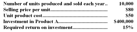 The following information is available on Product A:   The company uses the absorption costing approach to cost-plus pricing described in the text.Based on these data,the total selling and administrative expenses each year would be: A) $240,000 B) $300,000 C) $140,000 D) $200,000