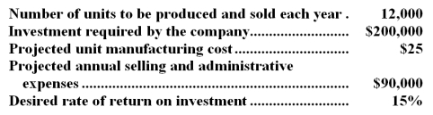 Trevor Company is contemplating the introduction of a new product.The company has gathered the following information concerning the product:   The company uses the absorption costing approach to cost-plus pricing as described in the text. Required: a.Compute the markup on absorption cost. b.Compute the selling price. c.If the price computed in  b  above is charged,and costs turn out as projected,can the company be assured that no loss will be sustained on the new product? Explain.