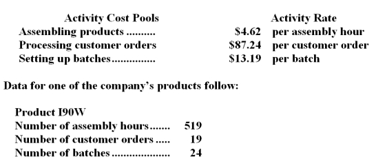 The Other activity cost pool is used to accumulate costs of idle capacity and organization-sustaining costs. The company has provided the following data concerning its costs:   The distribution of resource consumption across activity cost pools is given below:   The activity rate for the Order Processing activity cost pool is closest to: A.$1,050 per order B.$1,680 per order C.$1,190 per order <underLine>D.</underLine> $1,350 per order Total Order Processing Cost:   -Suoboda Corporation uses the following activity rates from its activity-based costing to assign overhead costs to products:   How much overhead cost would be assigned to Product I90W using the activity-based costing system? A) $316.56 B) $105.05 C) $4,371.90 D) $59,038.10