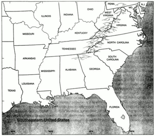 Map Exercise 1513-1 You will need pens of three different colors to complete this exercise. On the map that follows:    -Refer to Map Exercise 13-1. Mark the location of and label each of the following:  