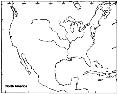 Map Exercise 7-1 You will need four pens of different colors for this exercise. On the outline map that follows:    -Refer to Map Exercise 7-1. Label each of the following rivers and bodies of water: Atlantic Ocean Gulf of Mexico Mississippi River St. Lawrence River