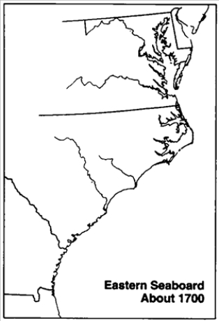 Map Exercise 3-2 Use the outline map of the Carolina colony that follows:    -Refer to Map Exercise 3-2. Mark the location of and label the following places: Beaufort Charleston New Bern New Inverness Santa Cruz de Savacola Savacola