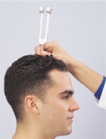 Which hearing assessment is the nurse performing in this image?   A)  Rinne test B)  Tympanogram C)  Schwabach test D)  Weber test 