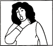 The nurse observes a patient who is gagging and using this gesture see illustration) . What is the nurse's response?   A)  Assume the patient is having throat pain and administer pain medication. B)  Prepare to perform the Heimlich maneuver. C)  Assess the patient for cyanosis, difficulty breathing, and stridor and wait until normal breathing resumes. D)  Sit with the patient until the laryngospasm passes and encourage deep breathing. 