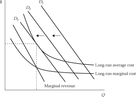   Figure 8.3 -Figure 8.3 shows demands and costs for a monopolistically competitive firm. When the firmʹs demand curve shifts from D1 to D2 and to D3, A) the firmʹs economic profit remains the same. B) the firmʹs marginal revenue at the profit maximizing output level is decreasing. C) the firmʹs marginal cost at the profit maximizing output level is increasing. D) the firmʹs average cost at the profit maximizing output level is decreasing.