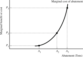   Figure 9.6 -A firm that generates pollution is illustrated in Figure 9.6. If the government imposes a pollution tax equal to P3 the firmʹs abatement choice will be A) A1. B) A2. C) A3. D) less than A1.