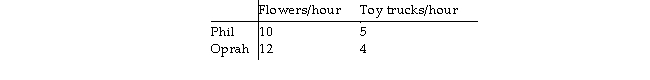 Consider two individuals, Phil and Oprah, who produce toy trucks and flowers. Phil and Oprah's hourly productivity are as follows:   Who has the absolute advantage or comparative advantage in the production of flowers or trucks?