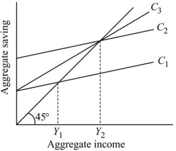   Figure 11.2 -Refer to Figure 11.2. The consumption functions C<sub>1 </sub>and C<sub>2</sub>: A)  differ in terms of the amount of consumption that does not depend on income. B)  have the same marginal propensity to consume. C)  have the same marginal propensity to save. D)  all of the above