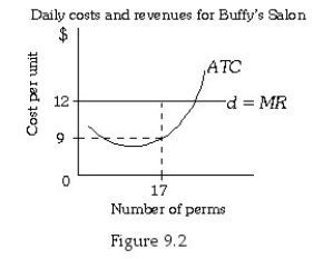 <strong> Refer to Figure 9.2.If Buffy gives 17 perms per day,her daily profit is:</strong> A)$3. B)$10. C)$45. D)$51.