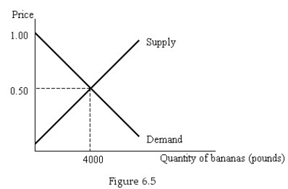   -Figure 6.5 shows the market for bananas.Shade in the area of consumer surplus.Use the information provided to calculate consumer surplus.