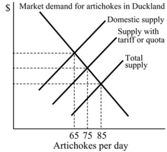   Figure 18.4 -Refer to Figure 18.4.With an import ban,how many artichokes are produced domestically in Duckland? A) 85 B) 75 C) 65 D) 30