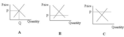    Figure 4.2 -In Figure 4.2,which of the panels depicts a market in which there is an excess supply of a product? A)  Panel A B)  Panel B C)  Panel C D)  None of the panels depicts a market in which there is an excess supply of a product.