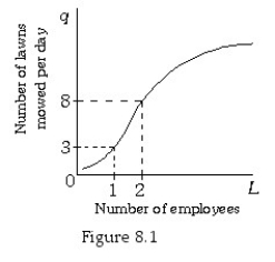 <strong> Refer to Figure 8.1.The marginal product of the second worker is ________ lawns mowed.</strong> A) 4 B) 5 C) 5.5 D) 11
