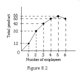   -Refer to Figure 8.2.Diminishing marginal returns set in after the ________ worker is hired. A)  first B)  second C)  third D)  fifth