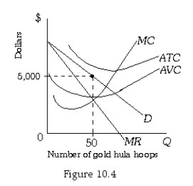   -Refer to Figure 10.4.The Exclusive Gift Company has a monopoly over the sale of gold hula hoops.This company is currently selling 50 gold hula hoops at a price of $5,000.You are hired as an economic consultant to this company.You should advise this monopolist to A)  shut down in the short run and exit the industry in the long run. B)  produce in the short run and expand capacity in the long run. C)  produce in the short run but exit the industry in the long run if conditions do not change. D)  shut down in the short run but expand capacity in the long run if conditions do not change.