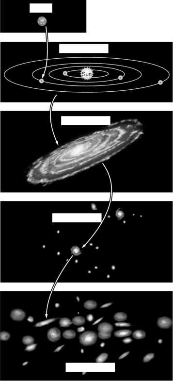 The figure below shows images representing our place in the universe.Label each box with its appropriate location.   