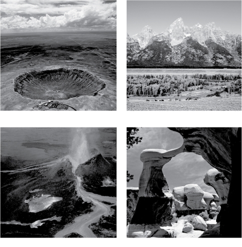 Label the geological processes that create the features in the images below.   