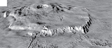 The image below is of Olympus Mons on Mars.How are the volcanoes on Venus and Mars different from the volcanoes on the Earth? What might explain this difference?   