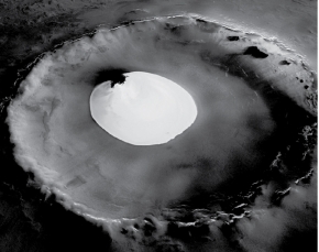 The image below is of a crater on Mars.What evidence does it show about Mars?   
