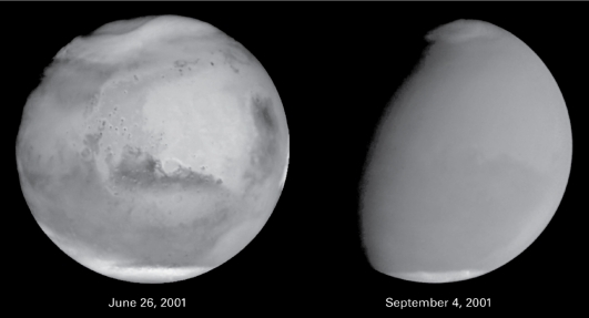 In the figure below,why is it so difficult to see the surface of Mars in September as compared to June?   