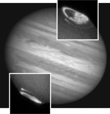 Jupiter's strong aurorae (figure below)result from particles ejected by Io's volcanoes.   
