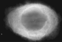 The Ring Nebula (image below) is a planetary nebula that currently has a radius of 0.4 pc and an expansion velocity of 250 km/s.Approximately how long ago did its parent star die and eject its outer layers?   A)  1,600 years ago B)  3,200 years ago C)  5,400 years ago D)  28,000 years ago