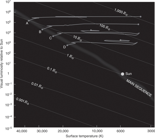 Which of the stars from the figure below would show variability in its brightness?   A)  Star A B)  Star B C)  Star C D)  Star D