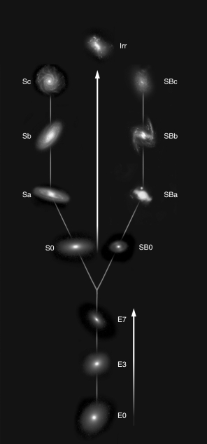 How did Hubble use his tuning fork diagram (figure below)to classify galaxies? Is there any significance to this organization?   