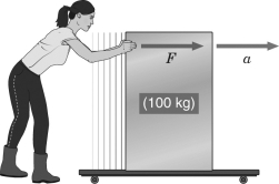 In the figure below,if the acceleration of the container is 2 m/s²,with what force did the woman push?   A)  50 N B)  100 N C)  150 N D)  200 N