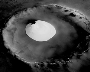 The image below is of a crater on Mars.What evidence does it show about Mars?   