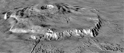 The image below is of Olympus Mons on Mars.How are the volcanoes on Venus and Mars different from the volcanoes on Earth? What might explain this difference?   