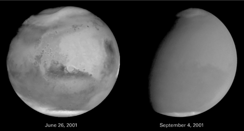 In the figure below,why is it so difficult to see the surface of Mars in September compared to June?   