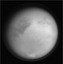 Titan's thick atmosphere (see the image below) is hypothesized to have been created when ultraviolet photons broke apart methane molecules,ultimately creating the observed smog-like conditions.This process,though,would likely remove all of the atmospheric methane in roughly 10 million years,yet we still see its presence today.How can this be?   A)  Cometary impacts periodically bring new methane to Titan. B)  Ethane rains down out of the atmosphere, combines with surface rocks, and creates new methane. C)  Infrared photons give atmospheric molecules enough energy to recombine into methane. D)  Volcanoes on Titan periodically release new methane into the atmosphere.