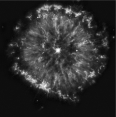 What would you need to measure for a planetary nebula (see the image below) to determine how long ago its parent star died?   A)  the mass of the white dwarf B)  the mass and radius of the white dwarf C)  the nebula's temperature and radius D)  the nebula's radius and expansion velocity