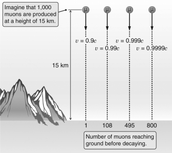 Normally,muons created by cosmic rays at high altitudes decay in a very short time,a time so short that they should not reach the ground.From the figure below,why does increasing speed of muons created by cosmic rays at high altitudes mean that additional muons will reach the ground before decaying?   